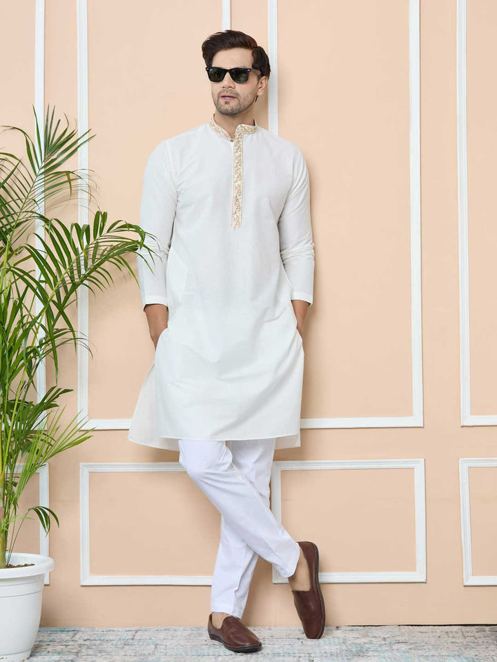 Off-white Delux Cotton Straight Kurta with Embordered Neck