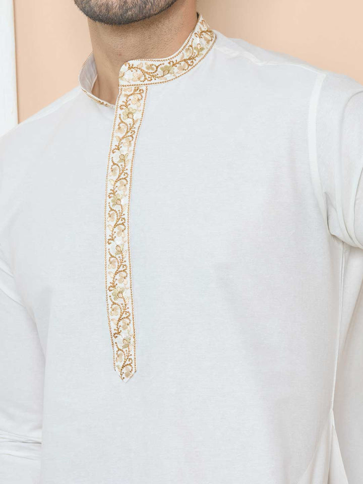 Off-white Delux Cotton Straight Kurta with Embordered Neck