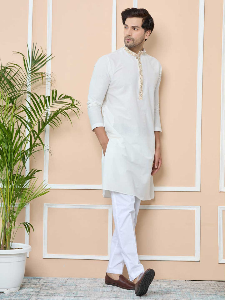 Off-white Delux Cotton Straight Kurta with Embordered Neck