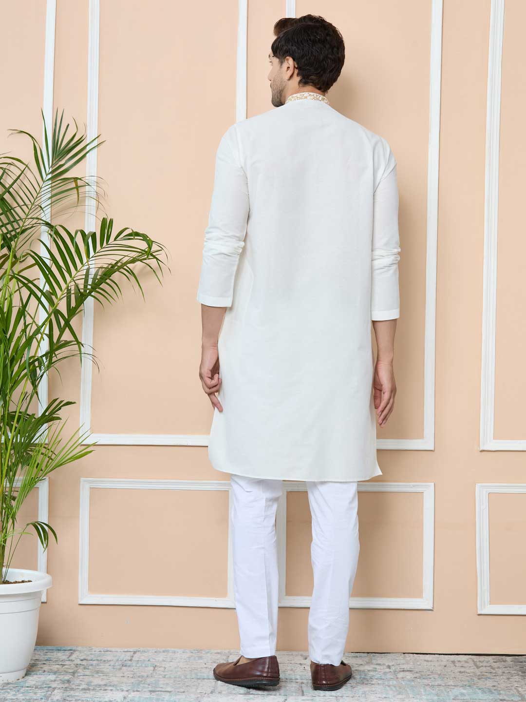 Off-white Delux Cotton Straight Kurta with Embordered Neck