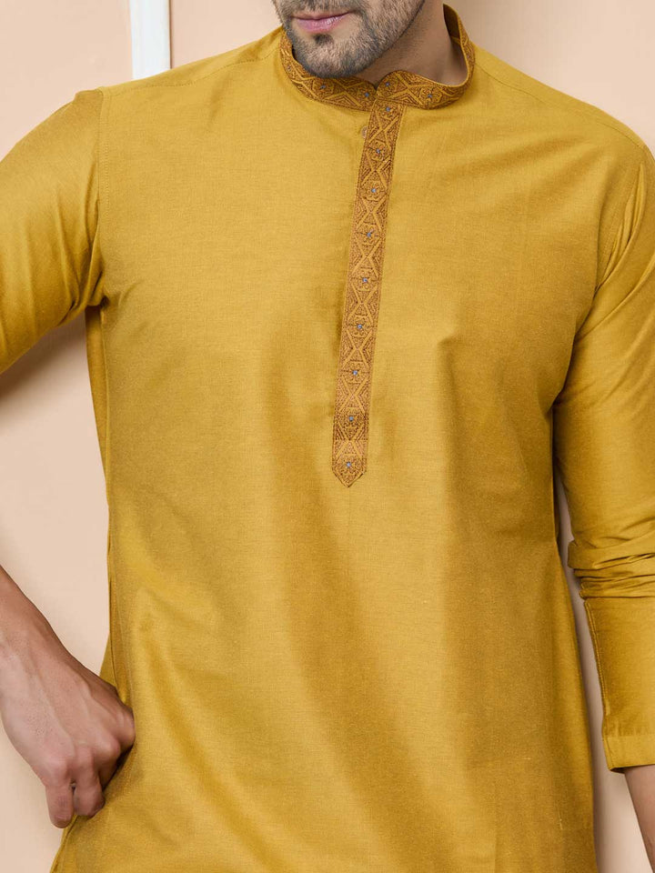 Golden Delux Cotton Straight Kurta with Embordered Neck