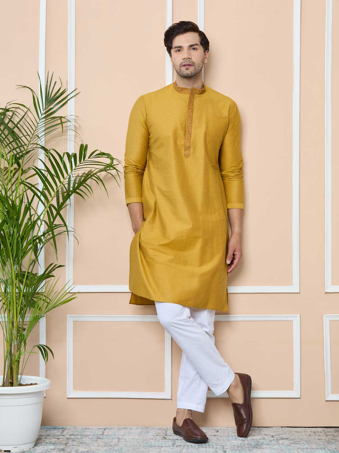 Golden Delux Cotton Straight Kurta with Embordered Neck