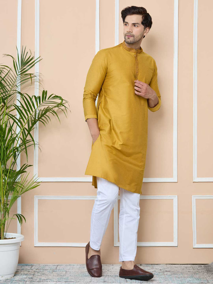 Golden Delux Cotton Straight Kurta with Embordered Neck