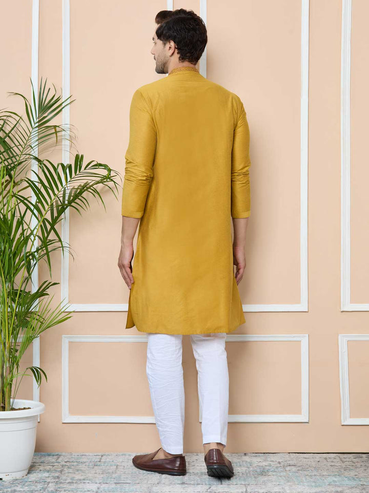 Golden Delux Cotton Straight Kurta with Embordered Neck