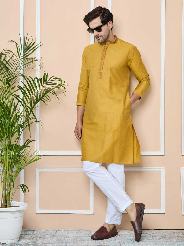 Golden Delux Cotton Straight Kurta with Embordered Neck