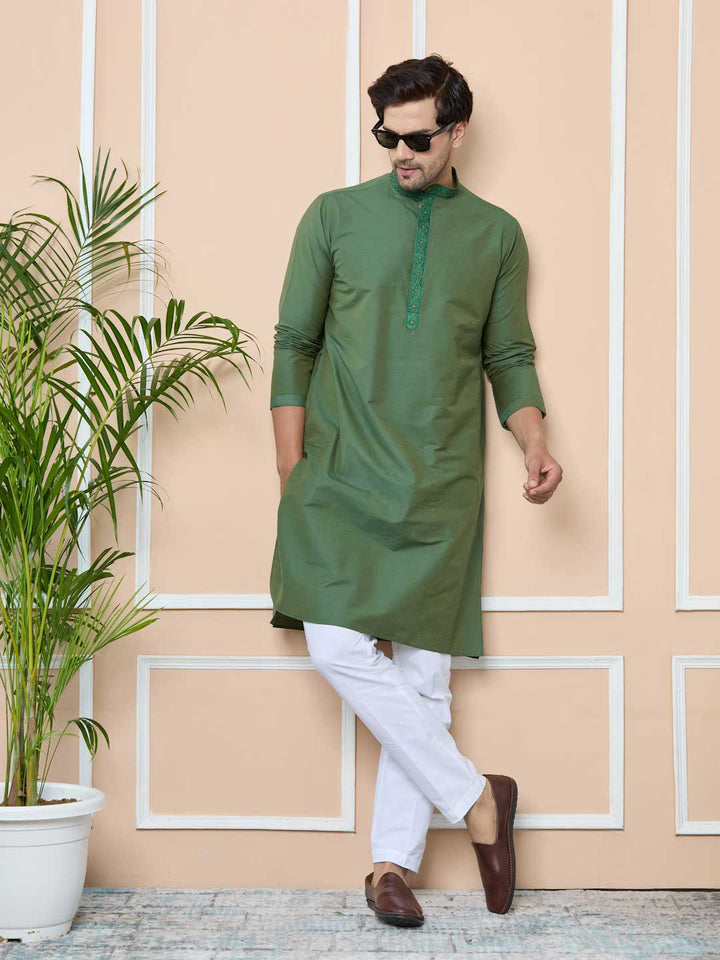 Green Delux Cotton Straight Kurta with Embordered Neck