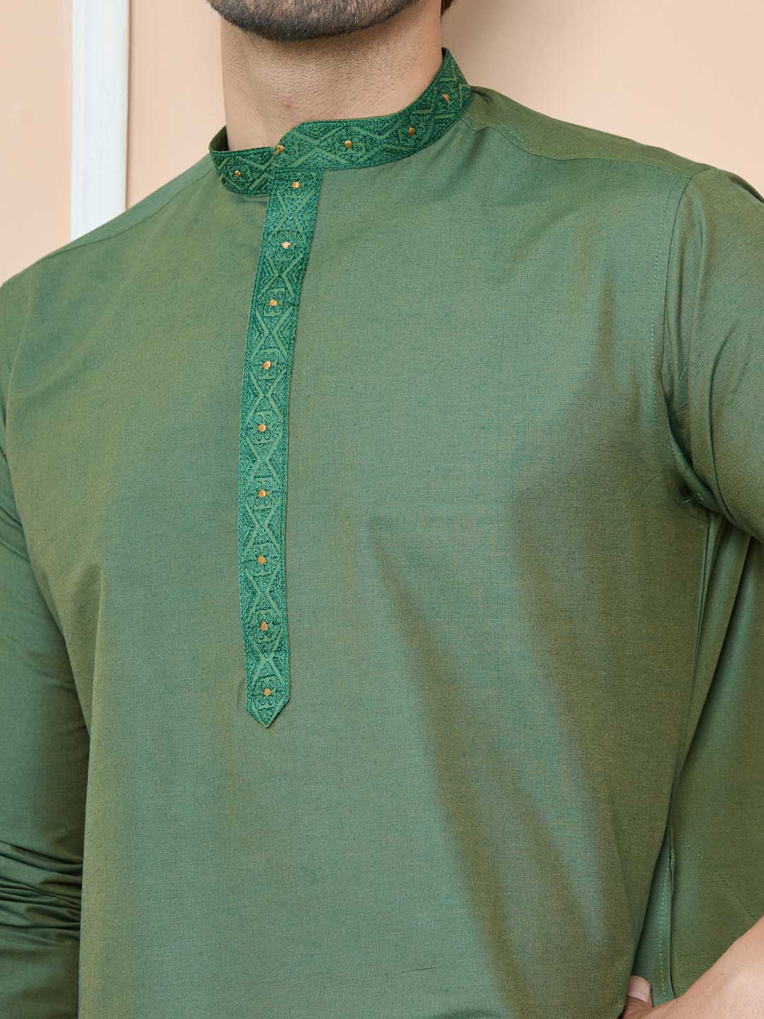 Green Delux Cotton Straight Kurta with Embordered Neck