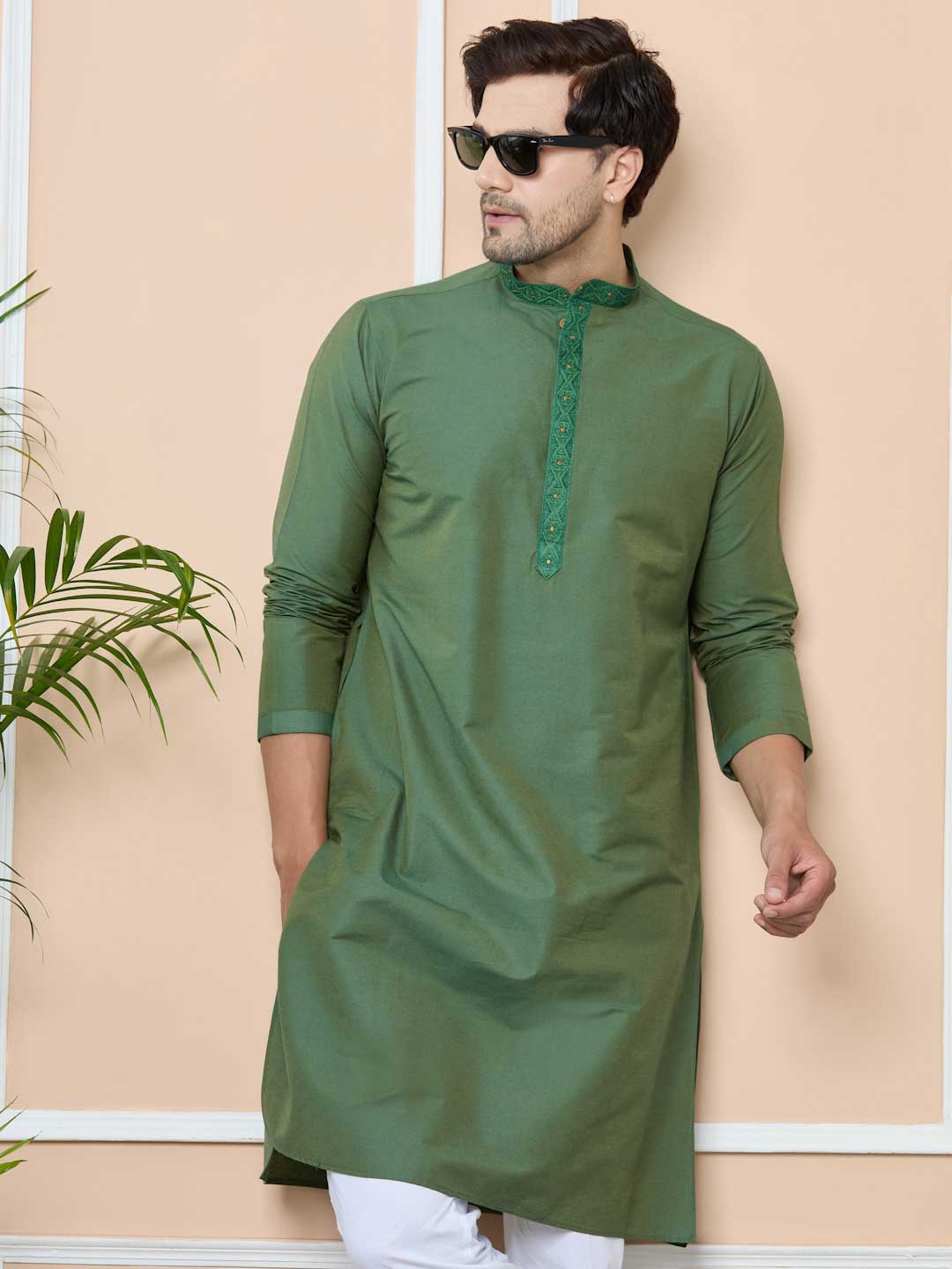 Green Delux Cotton Straight Kurta with Embordered Neck and Pyjama