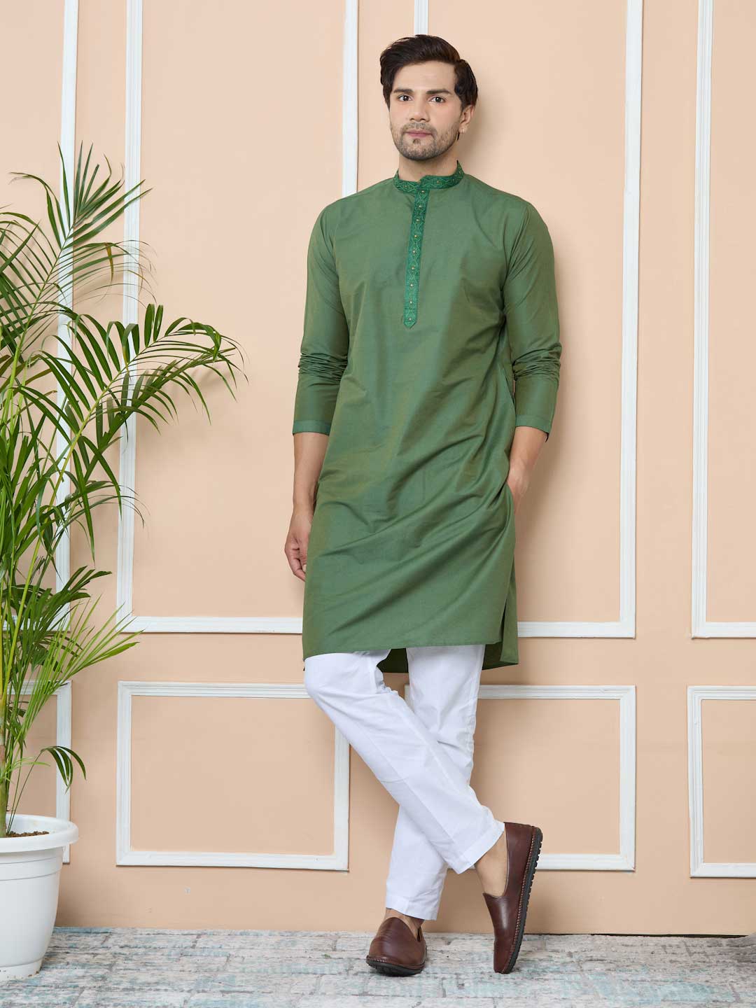 Green Delux Cotton Straight Kurta with Embordered Neck