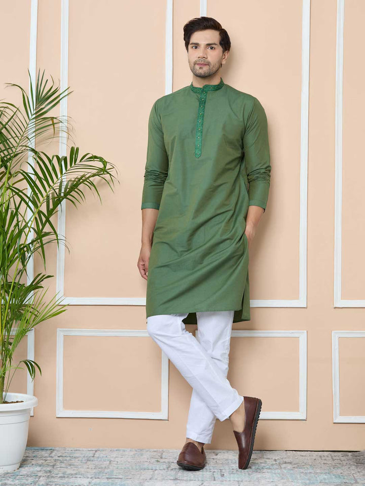 Green Delux Cotton Straight Kurta with Embordered Neck and Pyjama