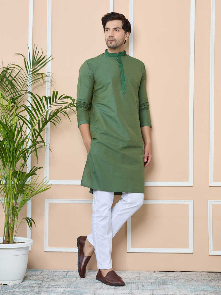 Green Delux Cotton Straight Kurta with Embordered Neck