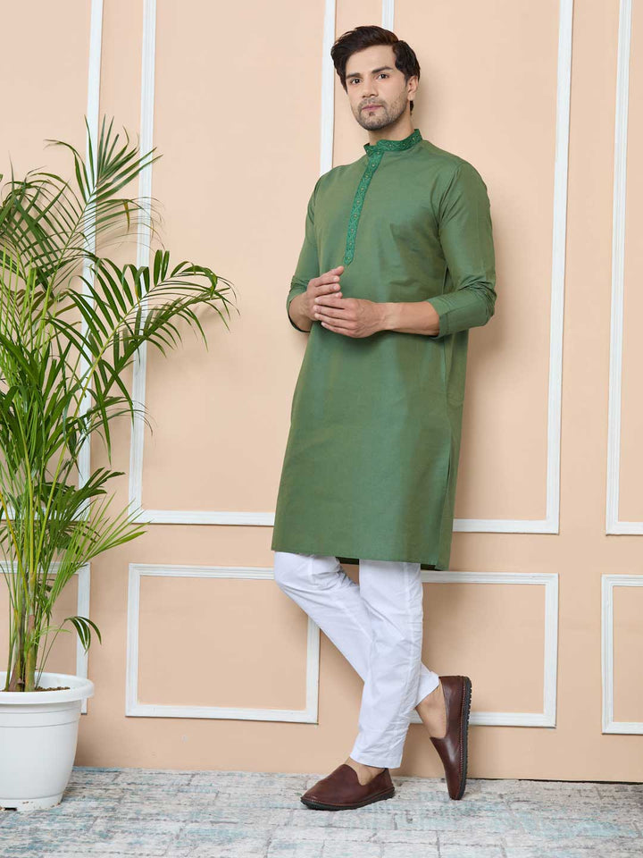 Green Delux Cotton Straight Kurta with Embordered Neck