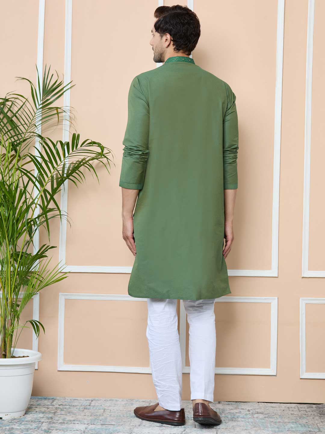 Green Delux Cotton Straight Kurta with Embordered Neck