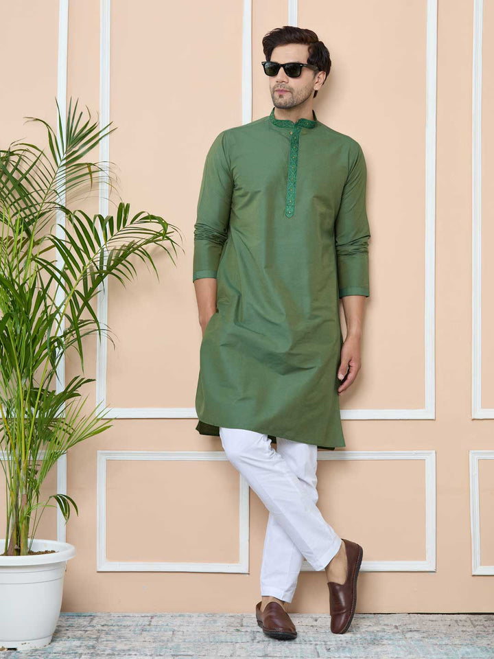 Green Delux Cotton Straight Kurta with Embordered Neck