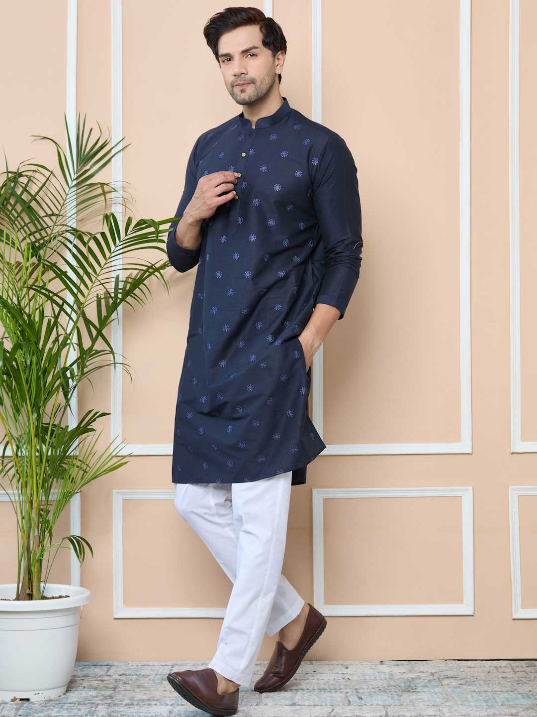 Navy Embroidered Delux Cotton Straight Kurta with Pyjama