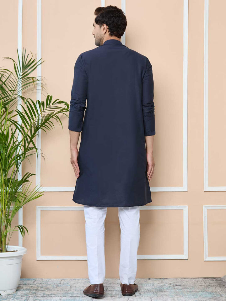 Navy Embroidered Delux Cotton Straight Kurta with Pyjama