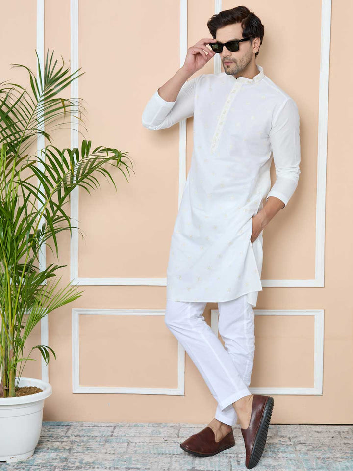 Off-White Embroidered Delux Cotton Straight Kurta with Pyjama