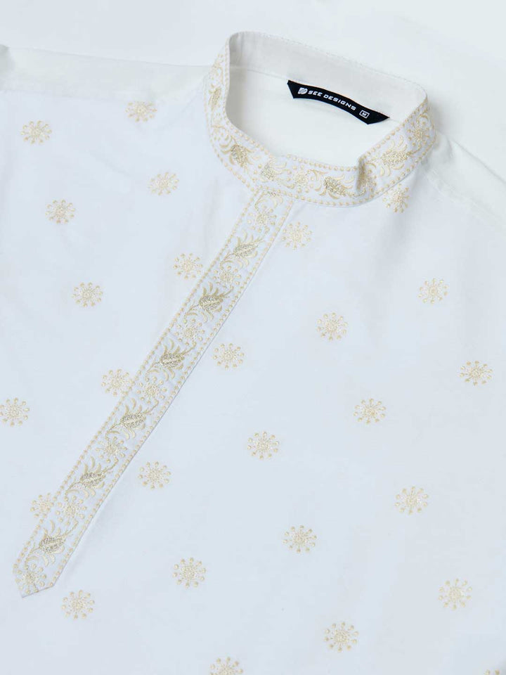 Off-White Embroidered Delux Cotton Straight Kurta with Pyjama