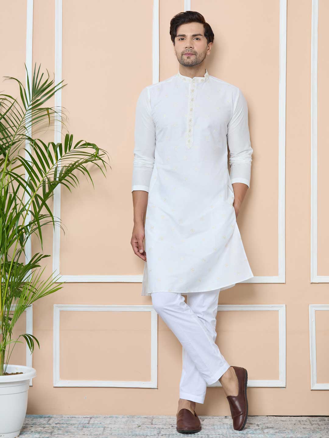 Off-White Embroidered Delux Cotton Straight Kurta with Pyjama