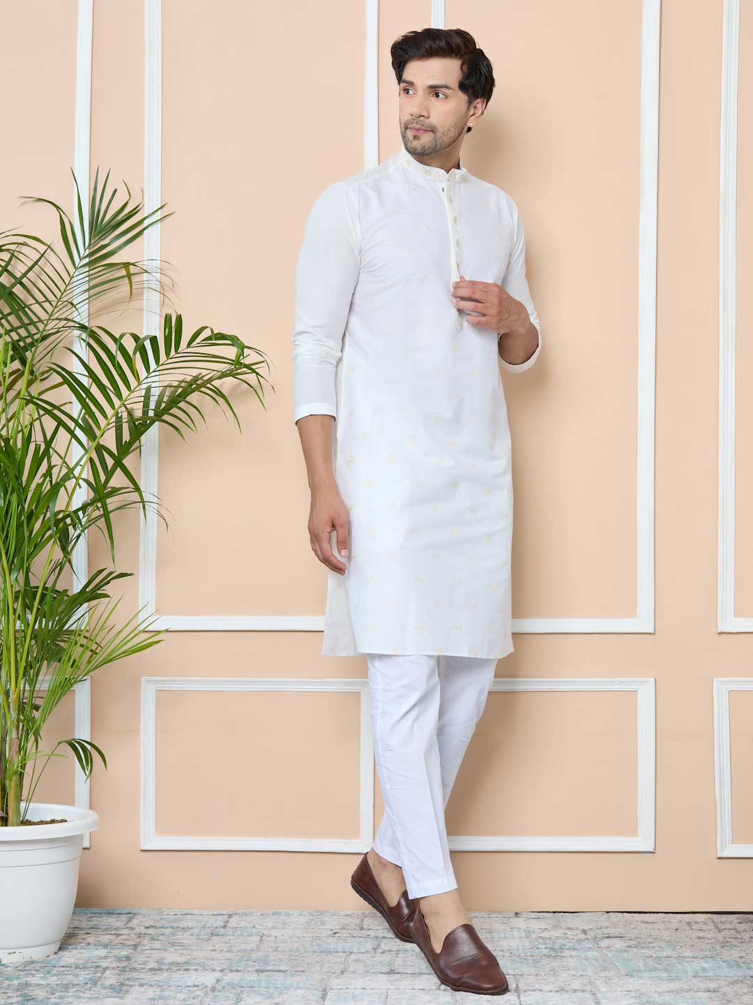 Off-White Embroidered Delux Cotton Straight Kurta with Pyjama