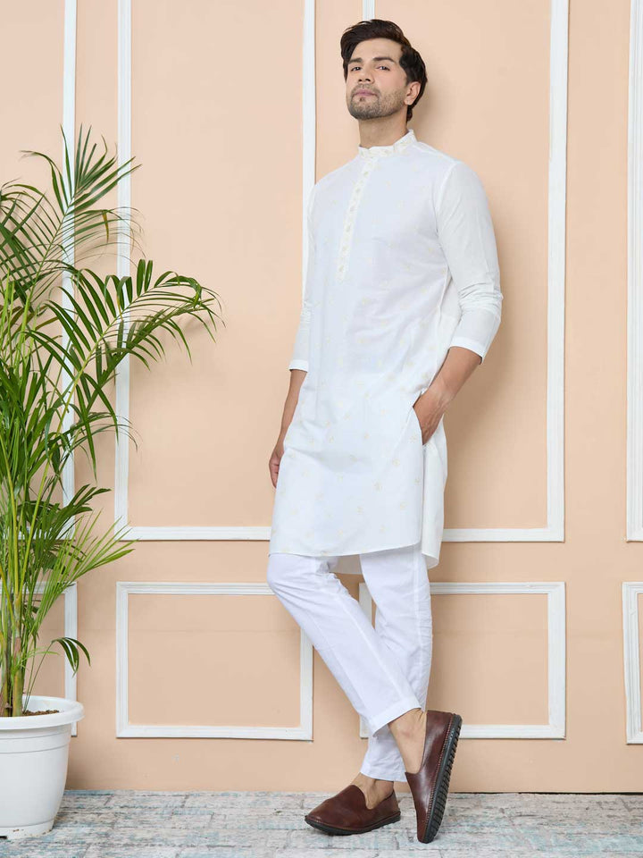 Off-White Embroidered Delux Cotton Straight Kurta with Pyjama