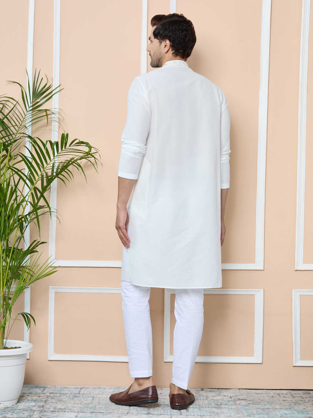 Off-White Embroidered Delux Cotton Straight Kurta with Pyjama