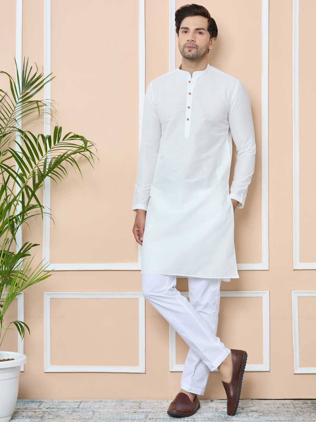 Off-White Solid Delux Cotton Straight Kurta