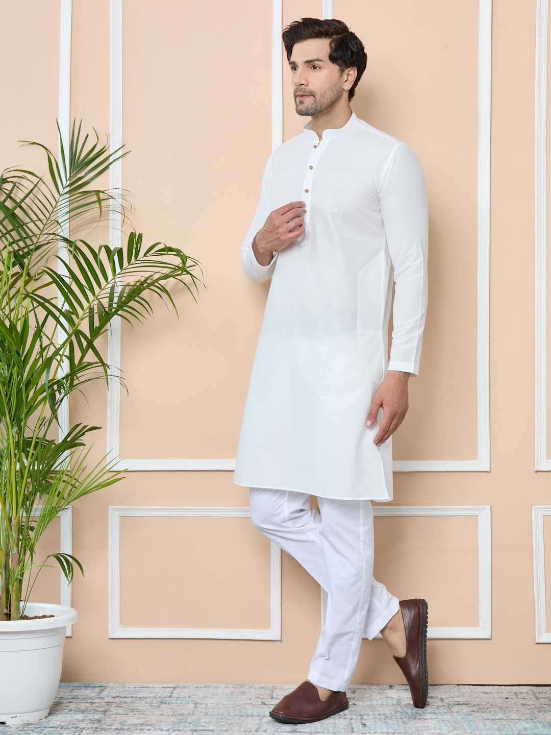 Off-White Solid Delux Cotton Straight Kurta