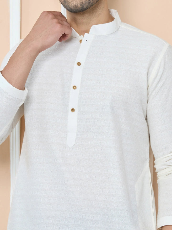 White self jacquard Delux Cotton Straight Kurta with Pyjama