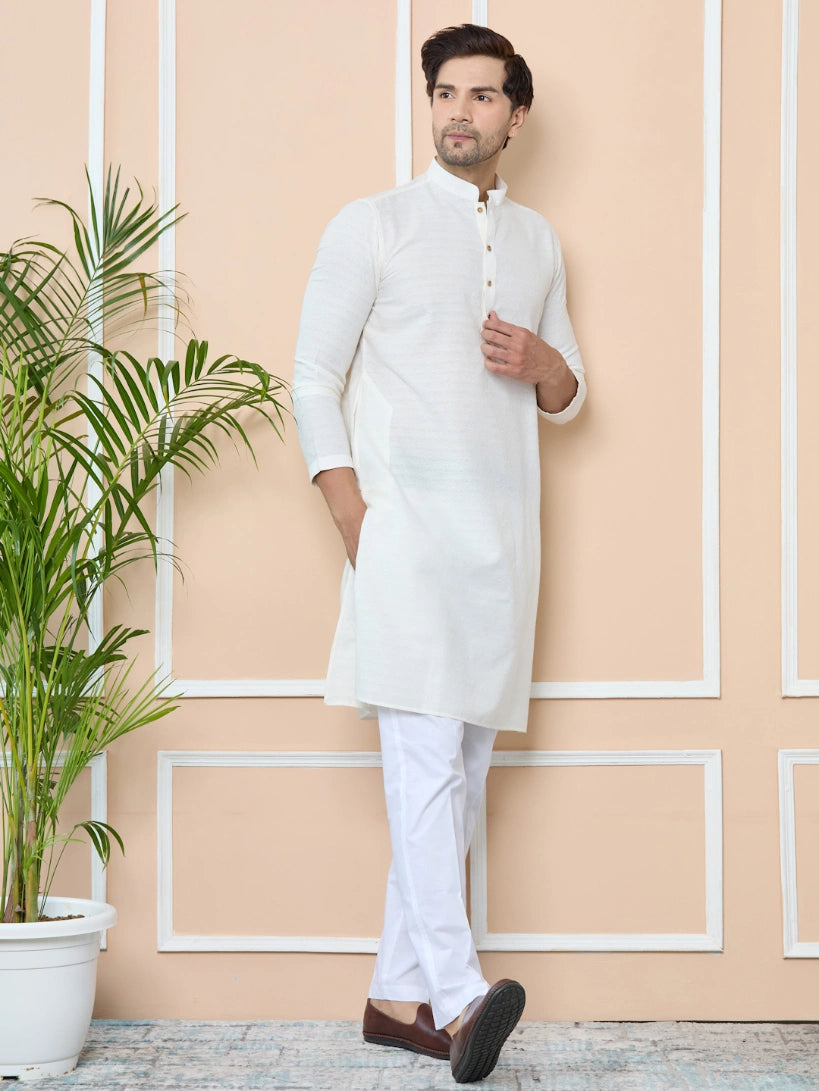 White self jacquard Delux Cotton Straight Kurta with Pyjama