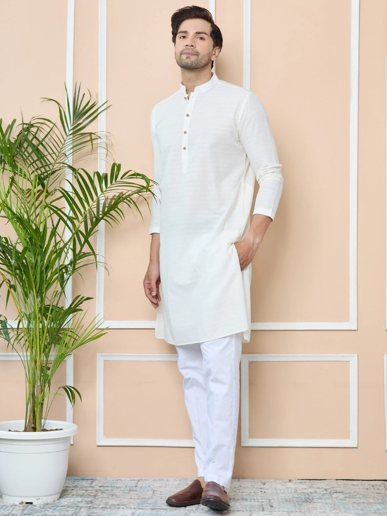 White self jacquard Delux Cotton Straight Kurta with Pyjama