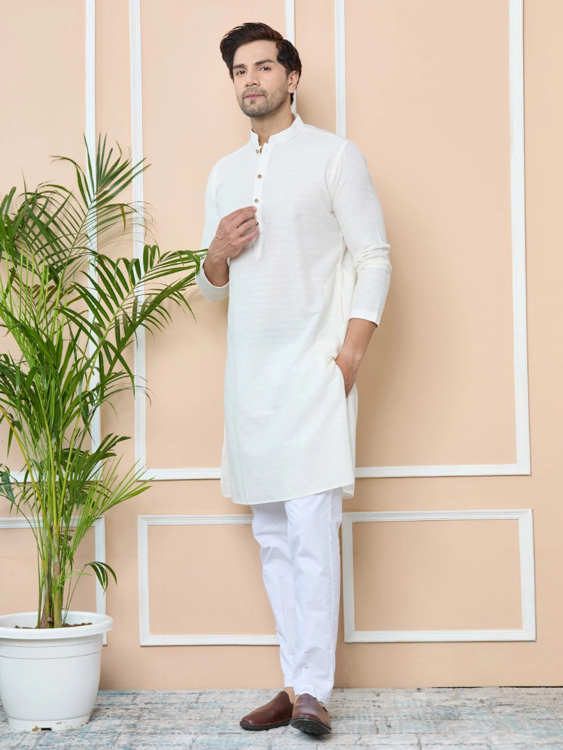 White self jacquard Delux Cotton Straight Kurta with Pyjama