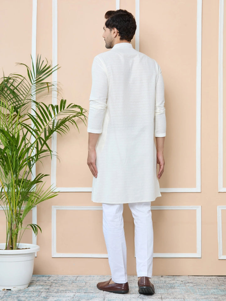 White self jacquard Delux Cotton Straight Kurta with Pyjama