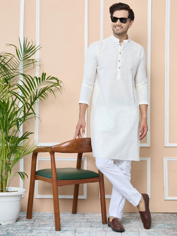 White self jacquard Delux Cotton Straight Kurta with Pyjama