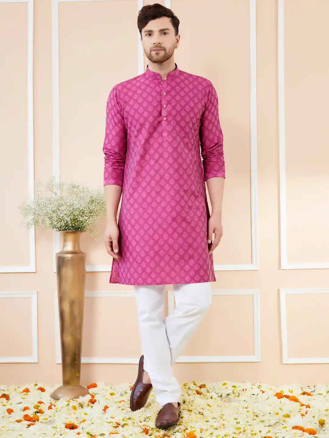 Pink Ethnic Silk Jacquard Woven Design Straight Kurta for men see designs