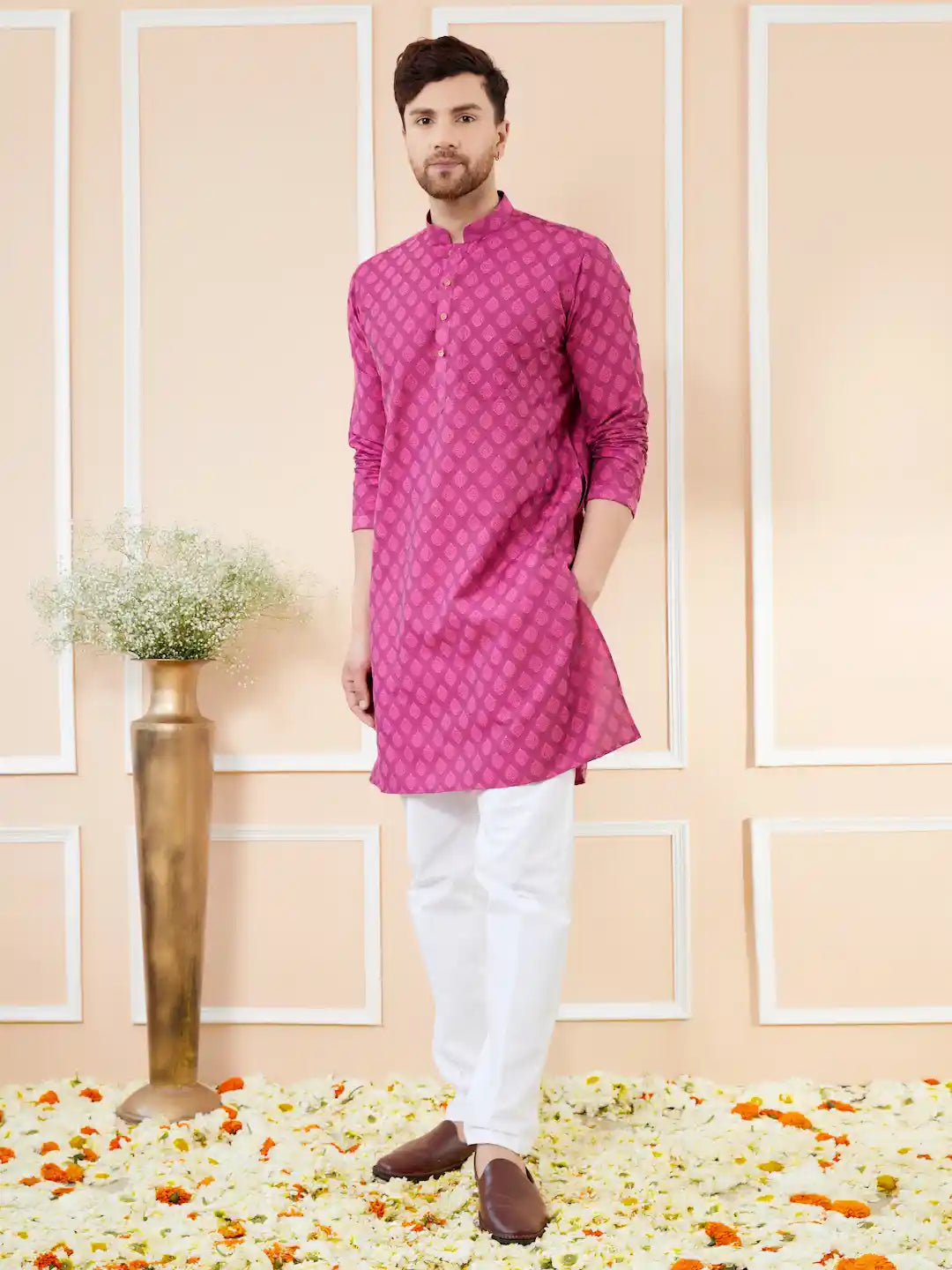 Pink Ethnic Motifs Silk Jacquard Woven Design Straight Kurta with Pyjama