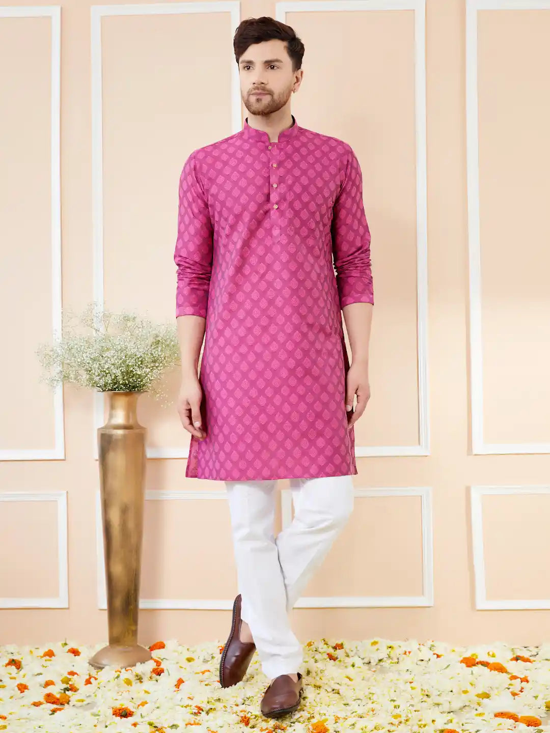 Pink Ethnic Motifs Silk Jacquard Woven Design Straight Kurta with Pyjama