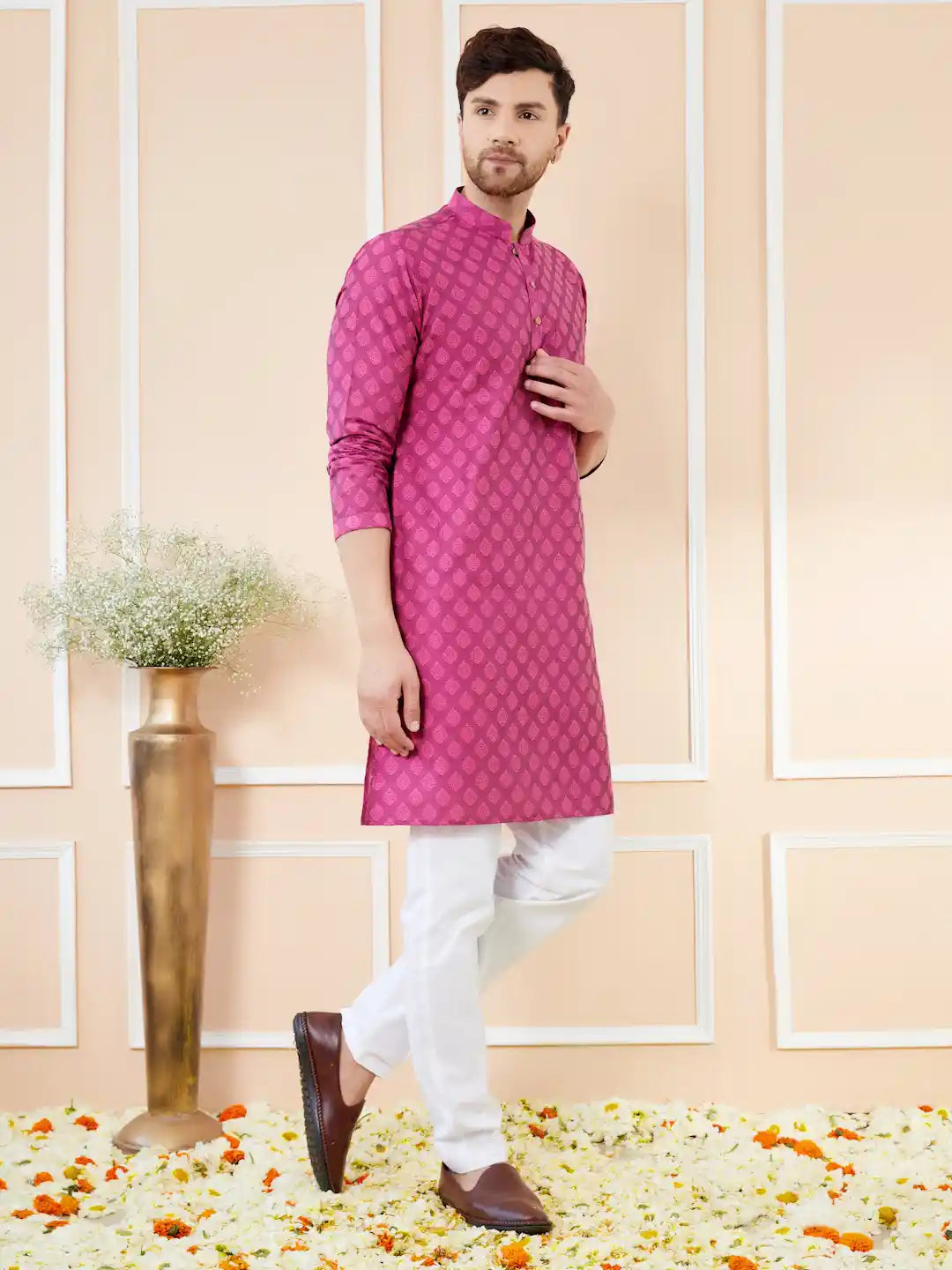 Pink Ethnic Motifs Silk Jacquard Woven Design Straight Kurta with Pyjama