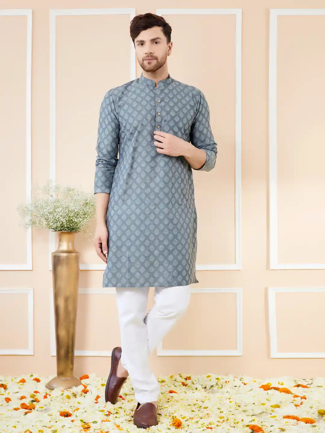 Grey Ethnic Motifs Silk Jacquard Woven Design Straight Kurta with Pyjama