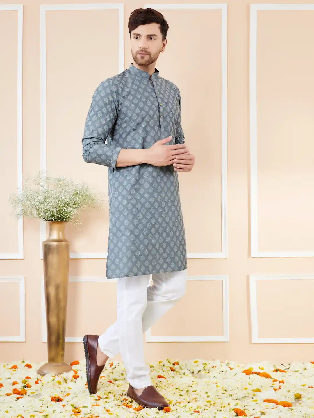 Grey - blue Ethnic Motifs Silk Jacquard Woven Design Straight Kurta with pyjama