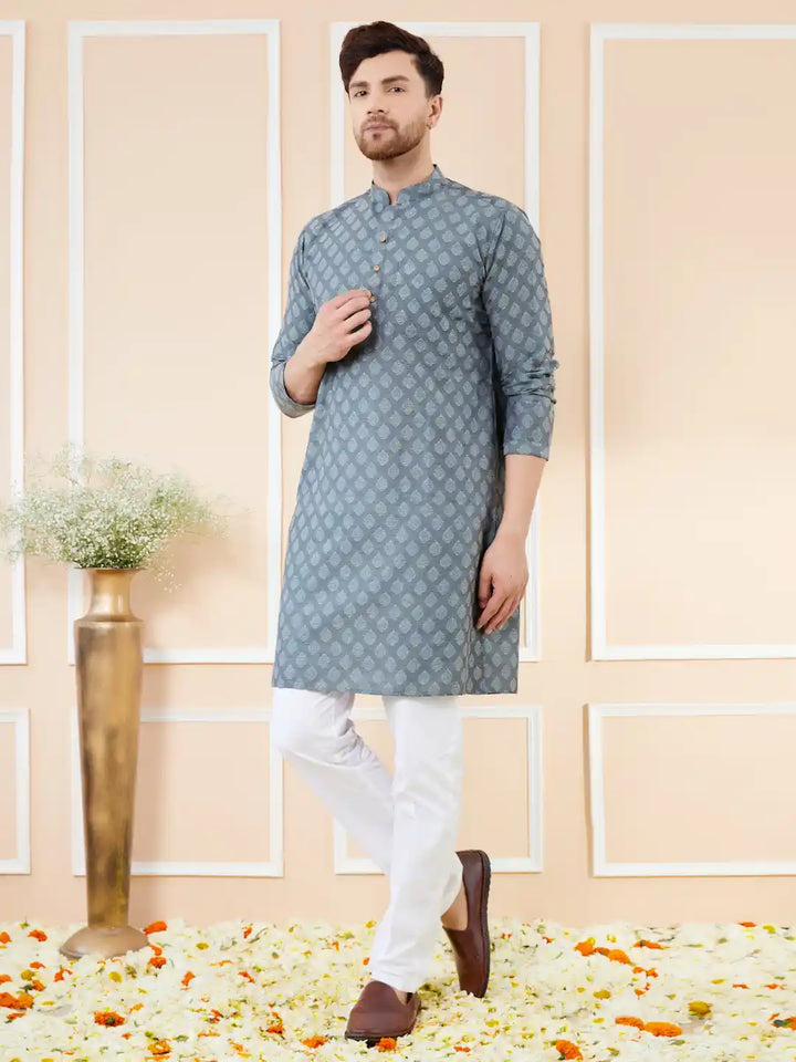 Grey Ethnic Motifs Silk Jacquard Woven Design Straight Kurta with Pyjama