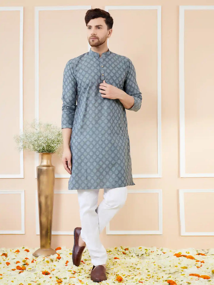 Grey Ethnic Motifs Silk Jacquard Woven Design Straight Kurta with Pyjama