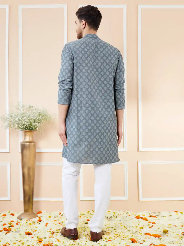 Grey Ethnic Motifs Silk Jacquard Woven Design Straight Kurta with Pyjama