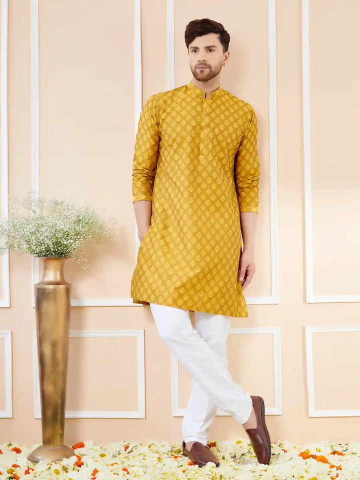 Mustard Ethnic Motifs Silk Jacquard Woven Design Straight Kurta