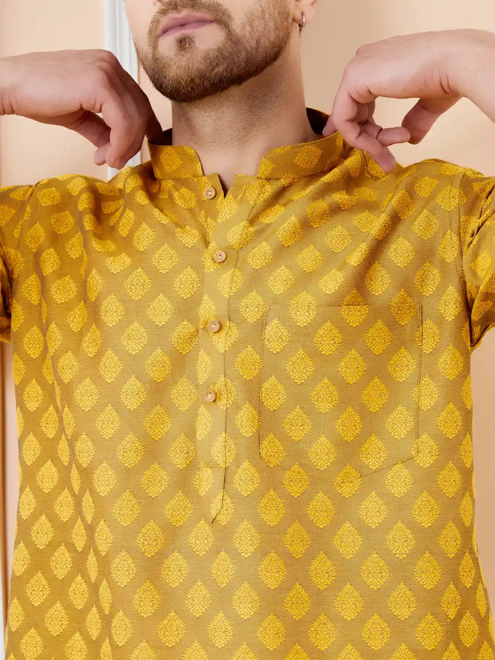 Mustard Ethnic Motifs Silk Jacquard Woven Design Straight Kurta with Pyjama