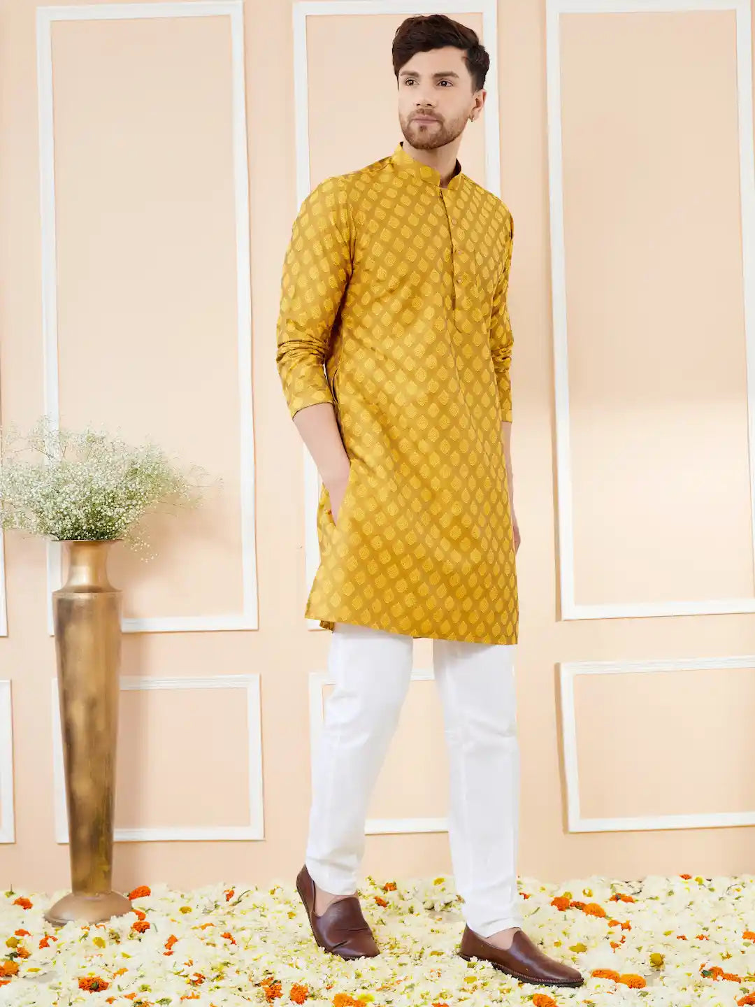 Mustard Ethnic Motifs Silk Jacquard Woven Design Straight Kurta with Pyjama