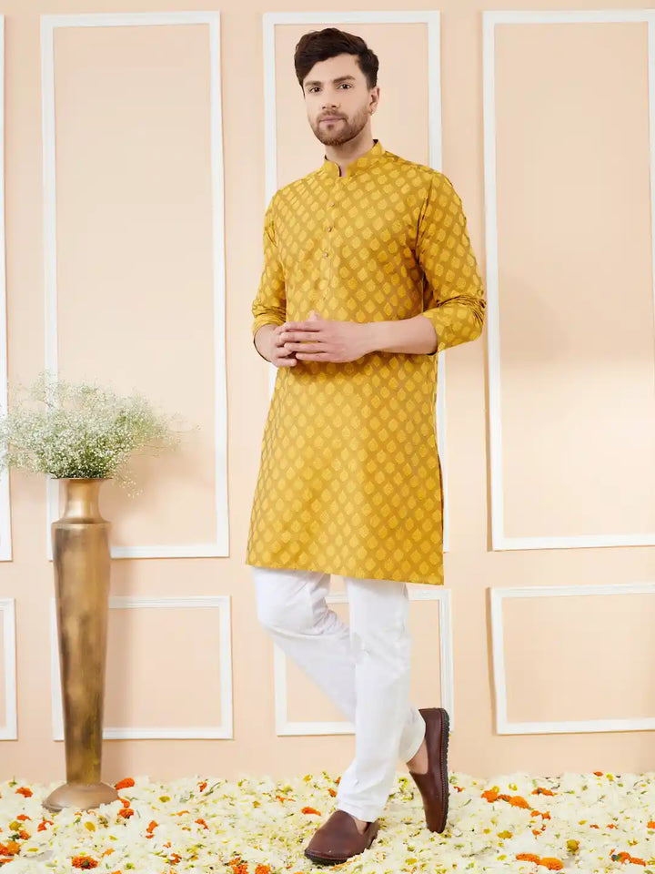 Mustard Ethnic Motifs Silk Jacquard Woven Design Straight Kurta with Pyjama