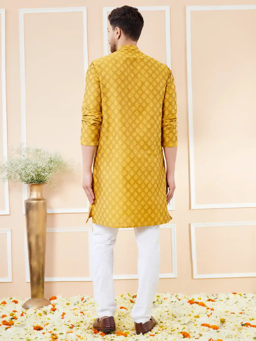 Mustard Ethnic Motifs Silk Jacquard Woven Design Straight Kurta with Pyjama