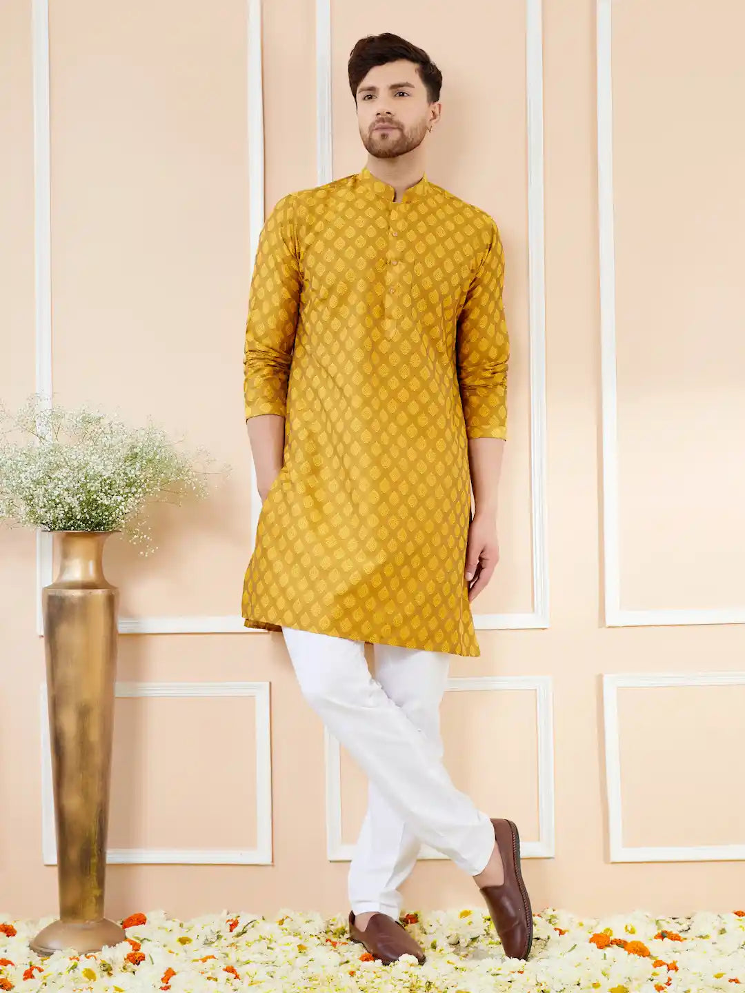 Mustard Ethnic Motifs Silk Jacquard Woven Design Straight Kurta