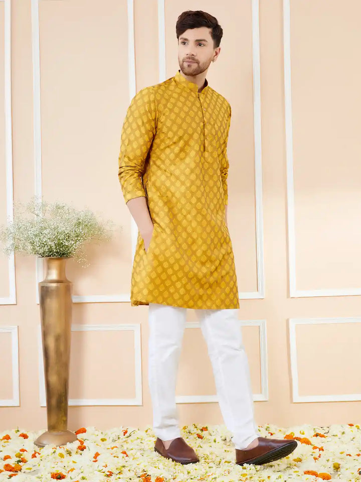 Mustard Ethnic Motifs Silk Jacquard Woven Design Straight Kurta with Pyjama